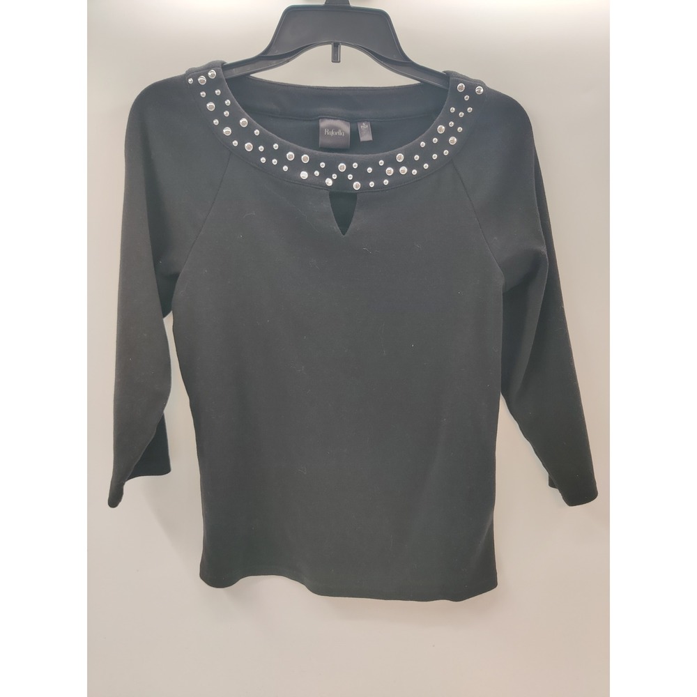 Rafaella Womens Black Studded Keyhole Neck 3/4 Sleeve Cotton Top Small
